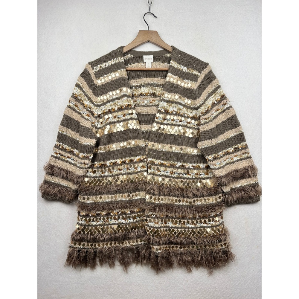 Chico's Knit Cardigan Womens 3 Sequin Eyelash Fringe Open Front